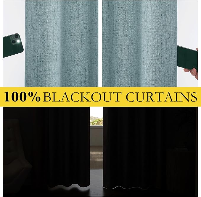 NICETOWN Skylark Blue Bedroom Full Blackout Linen Curtain, Thick Linen Blend Thermal Insulated Classic Back Tab Blackout Draperies with White Liner for Nursery (Set of 2, 52 by 72-inch)