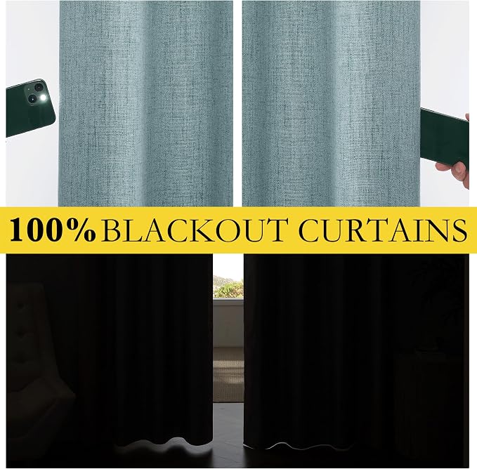 NICETOWN 100% Blackout Blue Curtains 108 inch Long, Linen Blend Thermal Insulated Curtains with Grey Liner for Living Room, Farmhouse Style Large Window Drapes for Hall (2 Panels, 52" Wide per Panel)