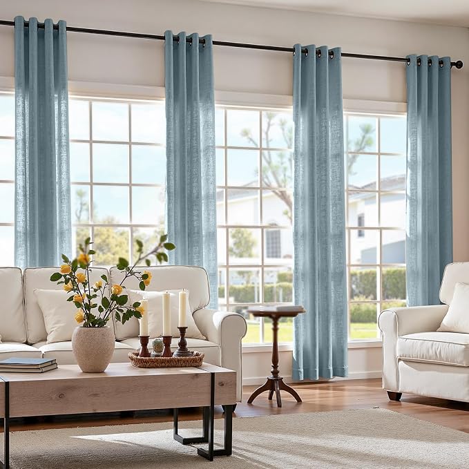 jinchan Linen Blue Semi Sheer Curtains 96 Inch Long 2 Panels for Living Room Grommet Dark Flax Light Filtering Curtains Home Office Minimalist Decor Drapes Suitable for Bathroom and Bedroom 50x96 Inch
