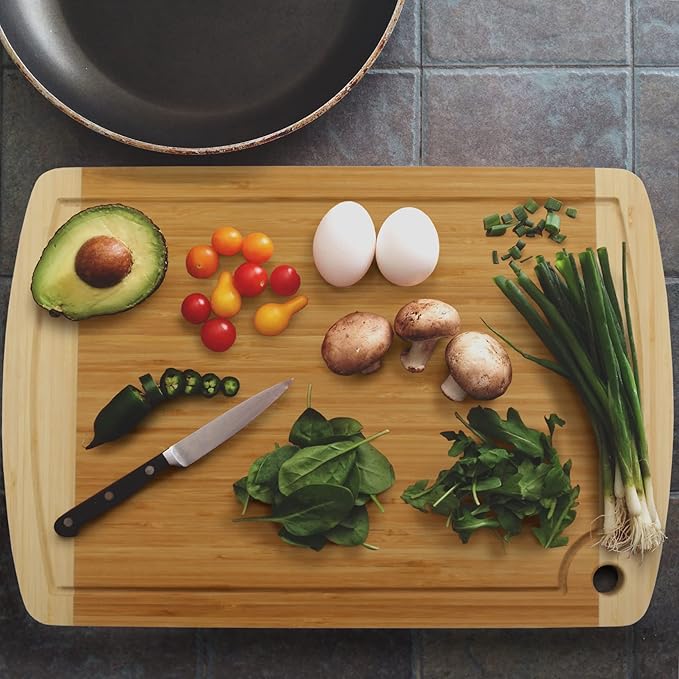 BambooMN Heavy Duty Premium Bamboo Two-Toned Cutting Board w/Hanging Hole - 17.25" x 11.75" x 0.75" - Grooved/Flat - 2 Pieces