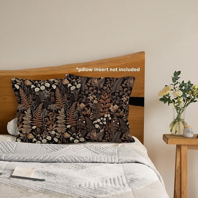 Dark Cottagecore Academia Botanical Throw Pillow Covers 18x18 Set of 2, Vintage Fall Farmhouse Rustic Autumn Decor Pillow Cases for Bedroom, Moody Floral Cottagecore Pillowcases for Couch Bed