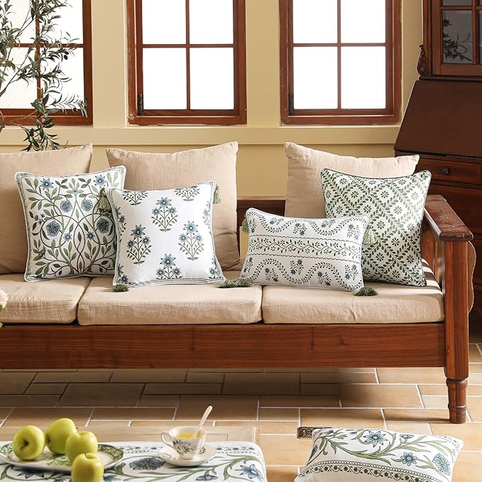 ISAENNE Design Fresh Linen Square Throw Pillow Covers 18"x18" Pack of 2, French White Cottage Cushion Covers with Blue Floral Branches Pattern Decor Pillowcases for Bed,Living Room,Outdoor,Car