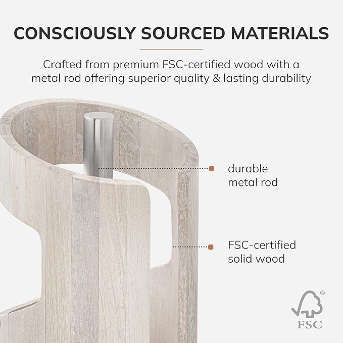 Anji Mountain Wooden Paper Towel Holder Countertop with Mango Wood Round Base and Iron Holder, Holder Stand for Kitchen Roll Organizer & Kitchen Dining Table Home Decor - Whitewash/Nickel, Arc Hold