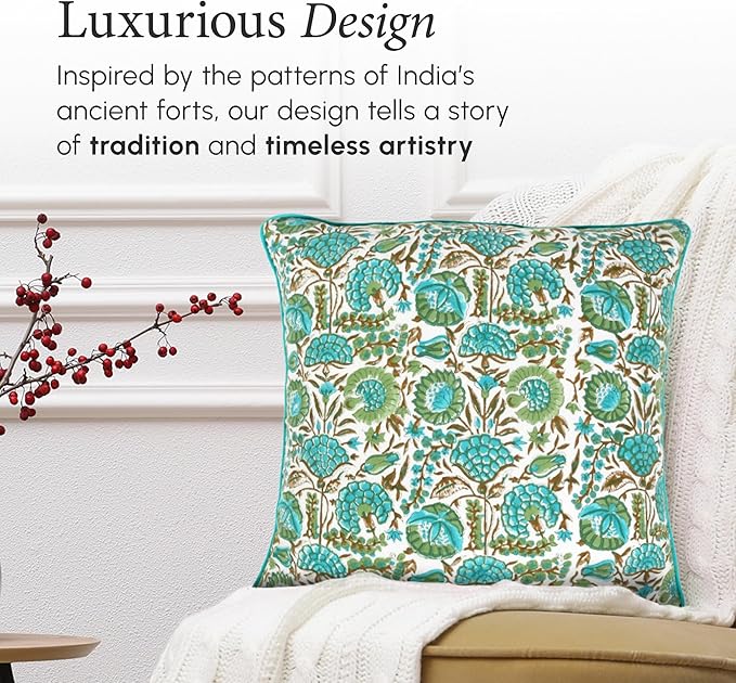 CPC Aqua Green Floral Printed Throw Square Cushion Covers - 24x24 Inch 100% Cotton Washable Decorative Couch Pillows Covers for Living Room Bed Sofa and Outdoors Spring, Summer Gifts