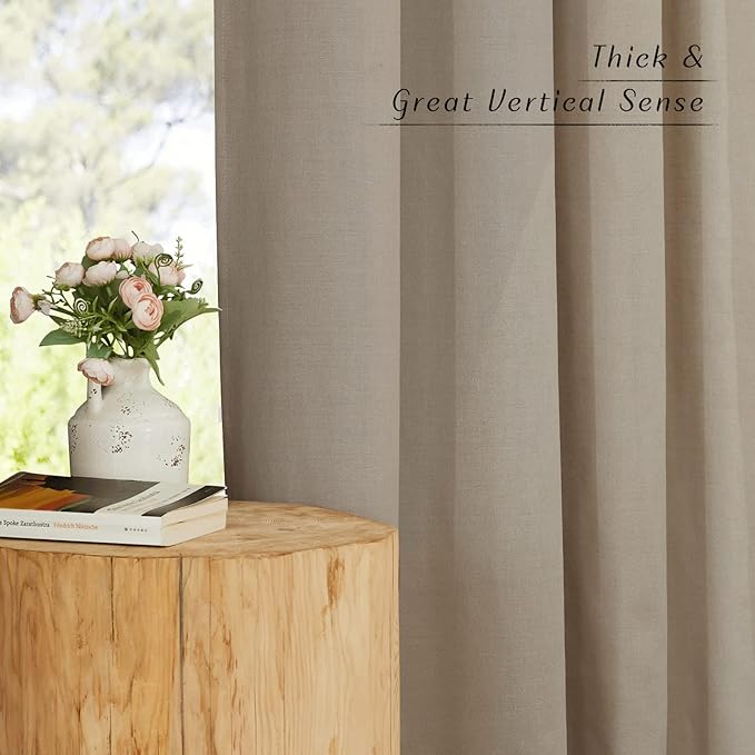 NICETOWN Taupe Linen Curtains 84 inches Long, Rod Pocket & Back Tab Privacy Added Thick Flax Not See Through with Light Filtering Retro Window Drapes for Bedroom/Living Room, W55 x L84, 2 Panels
