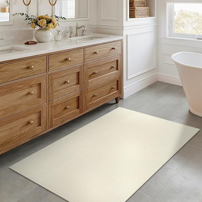 LEEVAN Washable Kitchen Rugs 3x5, Cream Bedroom Rug, Cotton Woven Entryway Modern Braided Door Mat, Farmhouse Living Room Rug, Reversible Carpet for Laundry Room Front Porch Outdoor