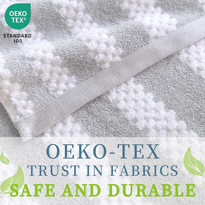 Waffle Bath Towels, 4PC 28" x 52" - 100% Cotton | Quick Dry | Light Weight | Soft | Breathable, Striped Bath Towels for Bathroom, Shower Towel Gift Set, Gray Stripes and White Checker/Waffle