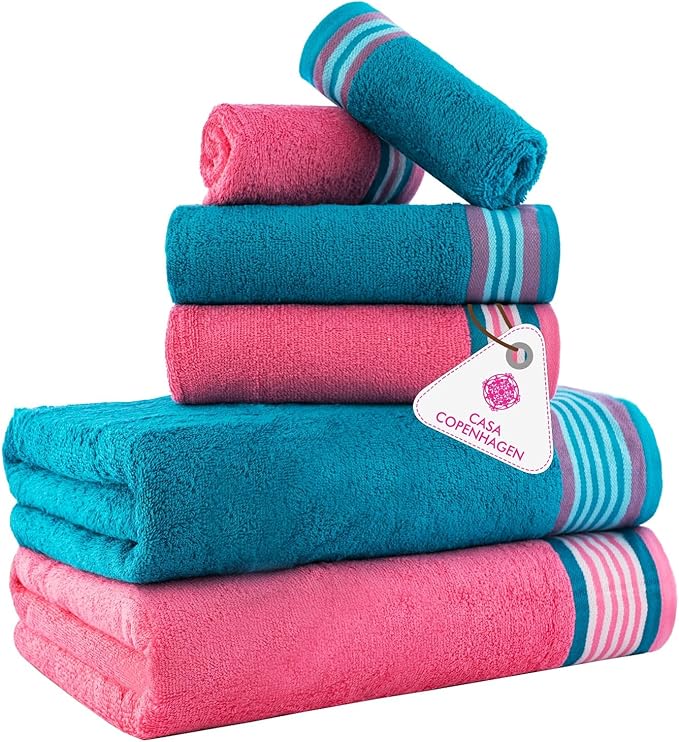 CASA COPENHAGEN He & She 6Pcs 100% Egyptian Cotton Large Designer Towels Gift Set- Cyan - Pink, 550GSM, 2Bath 2Hand 2Washcloths, Bath Towels for Bathroom (Gift Set for Women & Men)