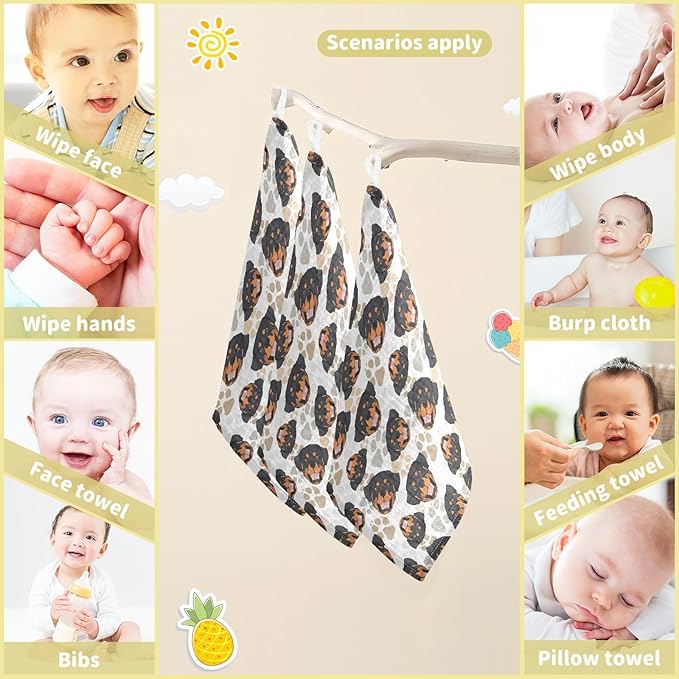 Baby Rottweiler Dog Muslin Washcloths 3 Pack - Muslin Burp Cloths Hanky Large 11.8"X11.8" Extra Soft Absorbent Baby Burp Rags for Newborn 100% Cotton for Boys Girls Gift