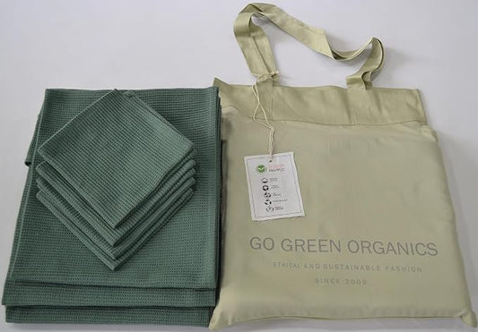 Organic Cotton Bath Towel Set Waffle, GOTS Certified (Forest Green) Super ABSORBANT & Quick Dry, NO SOFTENERS, Environment Friendly, 1xBATH58x30.5, 2xHAND29x20, 4xFACE12x12INCH