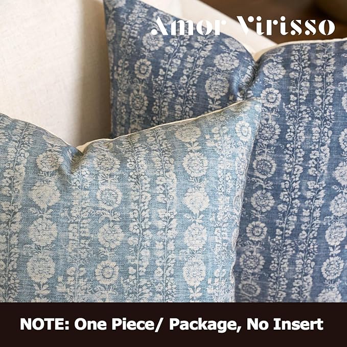 Amor Virisso Vintage Floral Throw Pillow Covers 20x20 Striped Farmhouse Block Print Pillow Cover Boho Neutral Decorative Pillows for Living Room Bed, Light Blue