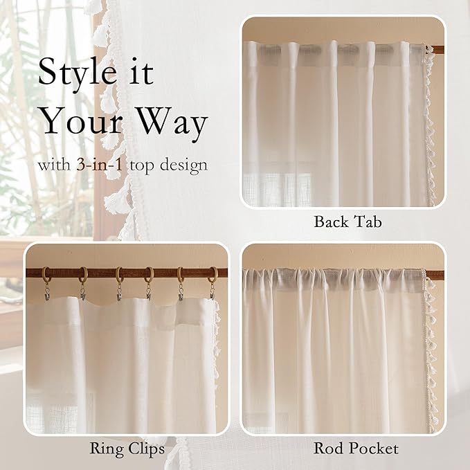 MYSKY HOME 72 Inches Long Semi Boho Sheer White Door Curtains for Closet Doorways,Light Filtering Back Tab Macrame Privacy Protect Farmhouse Drapes for Dining Room, 50" x 72",Pure White, 2 Panels