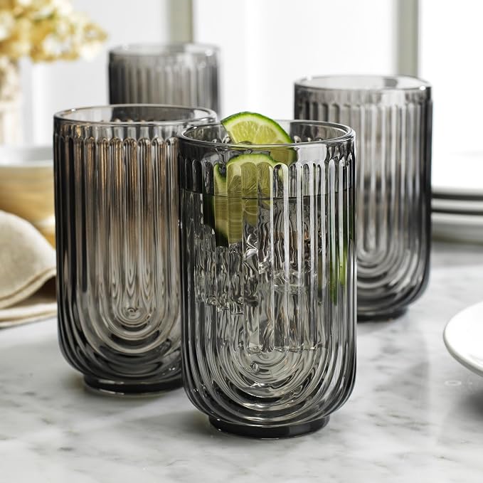 Glaver's 8 Piece Smoke Glassware Set, Art Deco Black Drinking Glasses, Ribbed U-Shape Design, 4 Highball 17oz and 4 Whiskey 11oz DOF Arch Drinkware