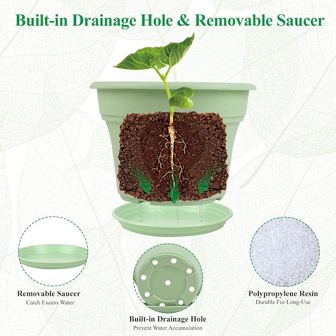 Pottiffe 11 Inch Plastic-Flower-Pot-for-Indoor-Plants, 4 Pack Large Outdoor Planter Pot with Drainage Holes & Saucers, Resin Decorative Garden Pots Planters
