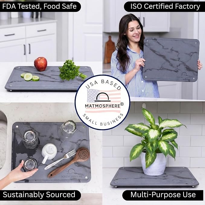 LARGE MATMOSPHERE Stone Dish Drying Mat for Kitchen Counter – Fast Absorbing Diatomaceous Mat with Stainless Steel Legs, Quick Dry, Dish Rack Mat, USA Small Business, 18”x14”, Gray Marble