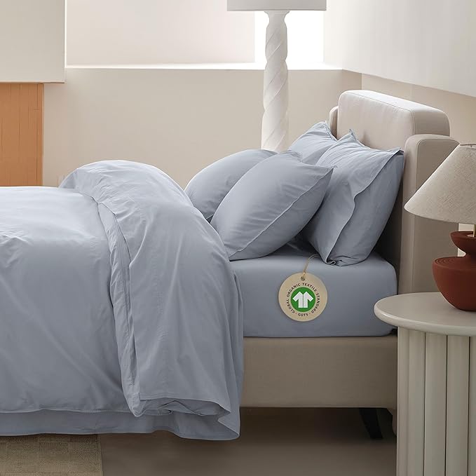 Double Stitch 100% Organic Cotton Sheets, King Size Sheets Set, GOTS Certified Long Staple Cotton Bedsheets, Luxury & Soft Hotel Bed Sheets with 16 inches Deep Pocket, Made in India Light Blue