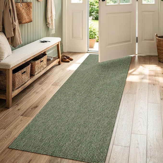 Uphome Kitchen Runner Rug, 2x6 Washable Boho Rug Runners for Hallways Non Slip, 6ft Low Pile Woven Cotton Modern Carpet Runners, Stain Resistant Bedroom Runner Rug for Hallway Entryway Entrance, Green