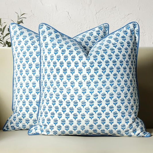CPC 100% Cotton Throw Pillow Covers 16X16 Blue Block Print Pattern Couch Pillow, Cute Boho Decorative Pillows for Living Room, Bedroom with Hidden Zipper- Apatite Blue