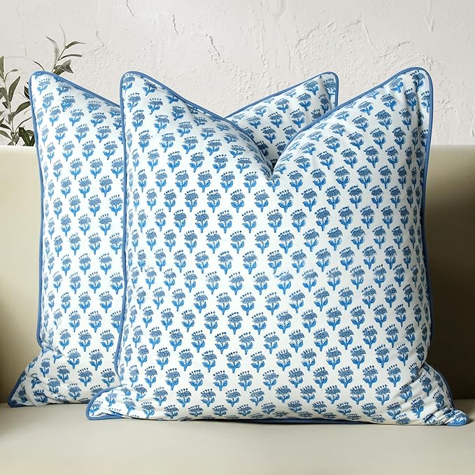 CPC 100% Cotton Throw Pillow Covers 18x18 Inch, Set of 2 Blue Block Print Pattern Couch Pillow, Cute Boho Decorative Pillows for Living Room, Bedroom with Hidden Zipper- Apatite Blue