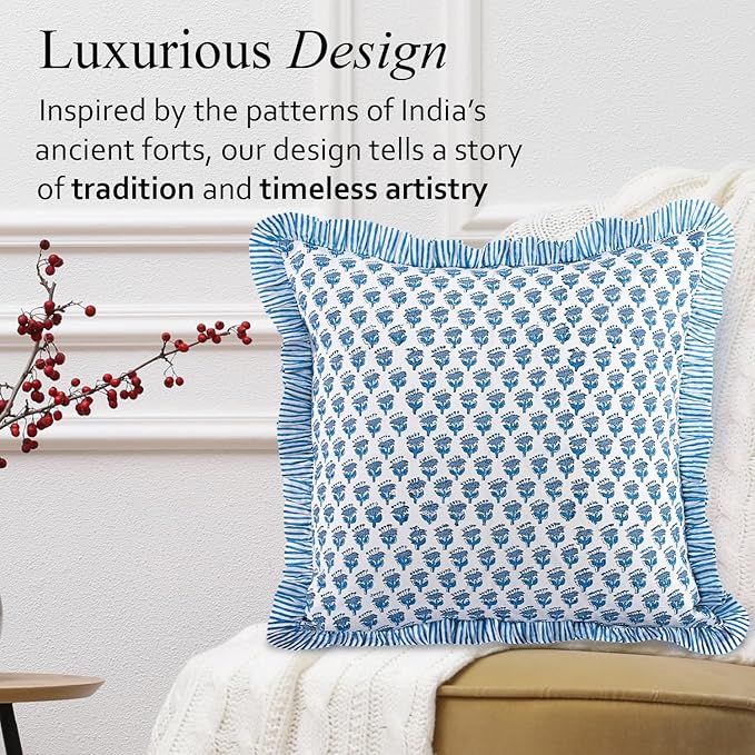 CPC Block Print Ruffle Throw Cover Apatite Blue 24"x24" Inch Pack of 2-100% Cotton Ruffle Couch Decorative Boho Pillows Case for Living Room, Bedroom, Sofa, Farmhouse Gift for Spring, Mother's Day