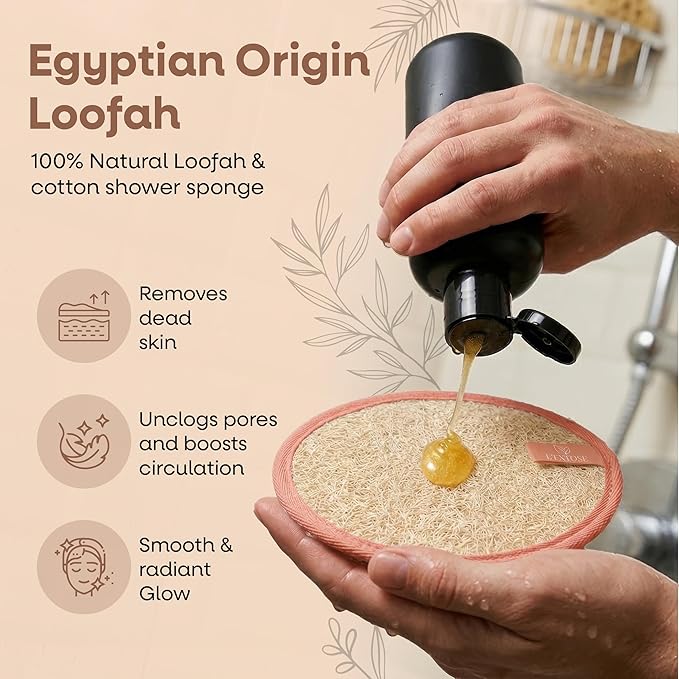 L'Exfose Organic Natural Loofah Body Scrubber for Shower – Dual Sided Egyptian Fiber Plastic Free Loofah – Quick Dry Natural Body Scrubber with Sisal Soap Saver Bag – Minimal Spa Gift for Men Women
