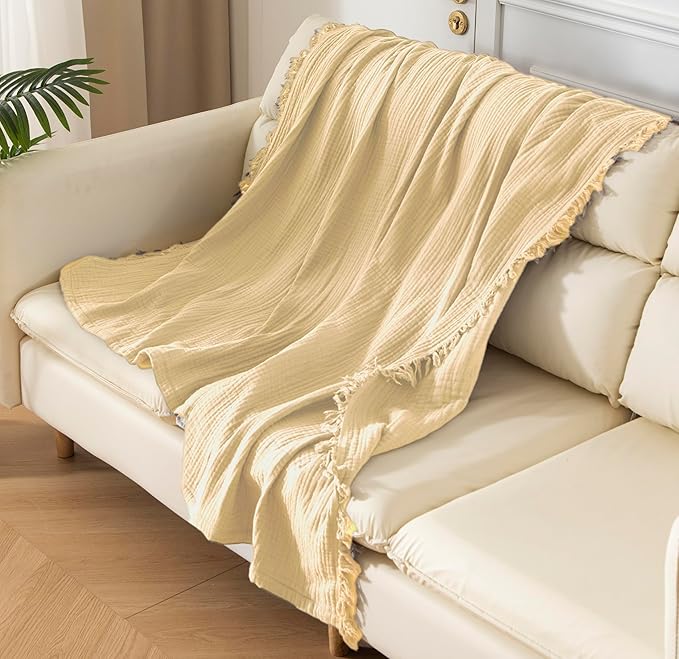 KyraHome 100% Organic Cotton Throw Blanket, 90"x90" Queen Muslin Blankets for Adults, Couch, Pre-Washed Breathable Lightweight Blanket, Coverlet, All Season (Shortbread/Creamy)