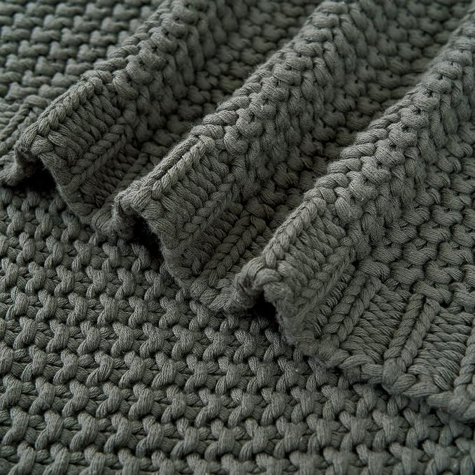 Longhui bedding Chunky Cable Knit Throw Blanket Lightweight Grey 100% Organic Cotton Blanket for Sofa Couch Bed Baby Nursery, Rustic Shabby Chic Modern Farmhouse, Gray 60” x 80” Give Laundering Bag
