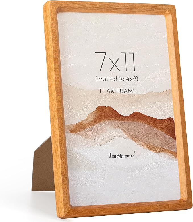 Fun Memories 7x11 Picture Frame, USA-Sourced Teak Wood Photo Frames with HD Tempered Glass, Handcrafted Rounded Corner 7 x 11 Wooden Frame Matted to 4x9 Photos, 7x11 Frames, Tabletop or Wall Display