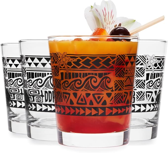 Libbey Tiki Rocks Glass Cups Set, Vintage Drink Ware Set of 4, Exotic, Dishwasher Safe Old Fashioned Glass Set for Backyard Luau or Pool Party