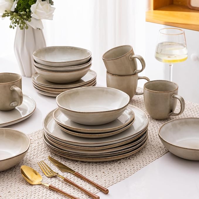 AmorArc Ceramic Dinnerware Sets,Handmade Reactive Glaze Stoneware Plates and Bowls Sets,Highly Scratch Resistant | Dishwasher & Microwave Safe Dishes Set,Service for 4 with Mugs (16pc)