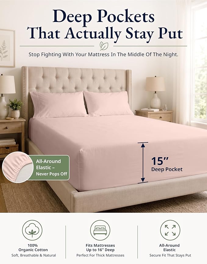Lane Linen Twin XL Fitted Sheet, 100% Organic Cotton 2-Piece Set (1 Fitted Sheet, 1 Pillowcase), Percale Weave, Bottom Sheet, Soft, Breathable, Fits Mattress Upto 15" Deep - Sepia Rose (No Flat Sheet)