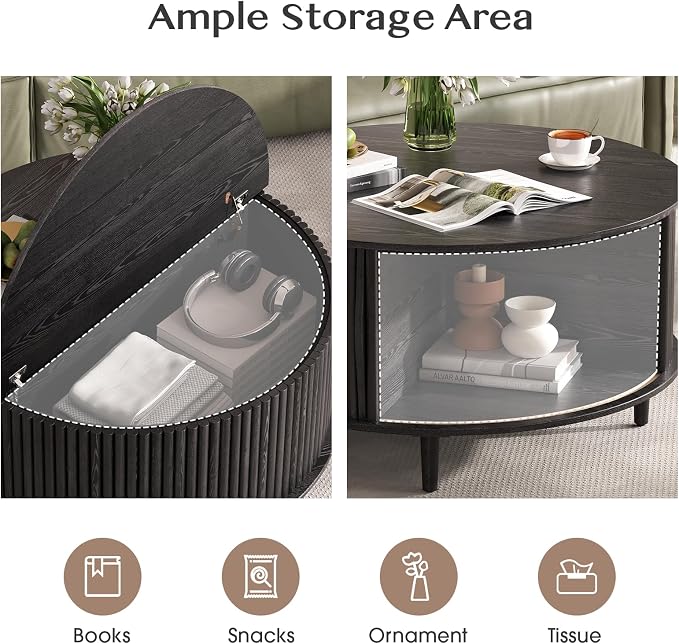 JOINICE 31.5" Round Coffee Table with Storage for Living Room, Black | Hidden Storage,Fluted Sliding Door,Modern Center Table for Small Apartments,Solid Wood Legs,Easy Assembly,Up to 110 lbs