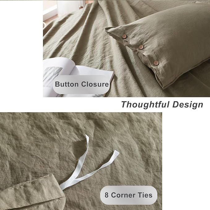 TOSMO 100% Linen Duvet Cover Set with Button Closure, 2 Pieces (1 Duvet Cover with 1 Pillowcase), Soft Breathable Durable Farmhouse Bedding - Twin, Taupe