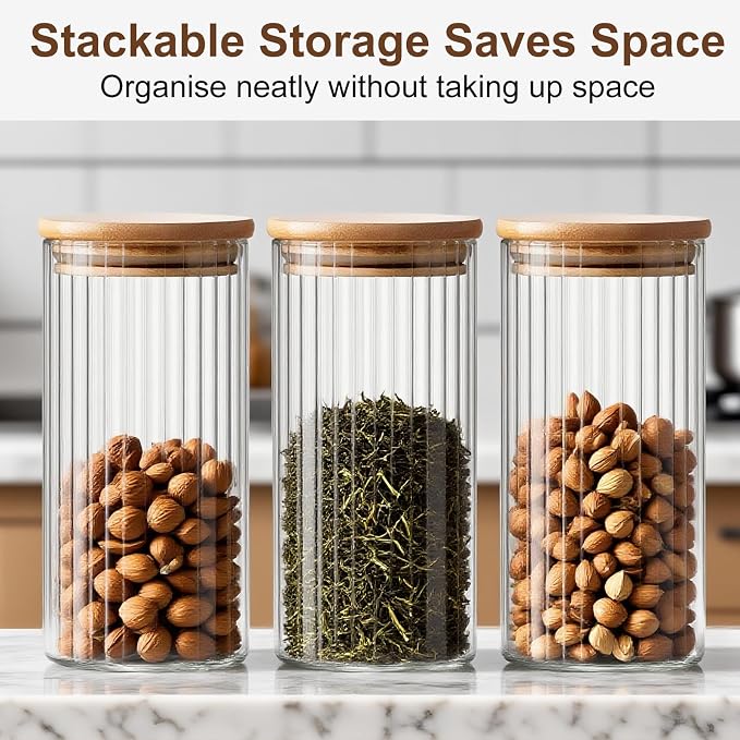 6 Pack(600ml/20.29Oz) Glass Canisters with Air Tight Lids - Round Storage Containers - Kitchen Glass Storage Jars with Bamboo Lids - Jars for Sugar,Spices,Cookies,Cereals