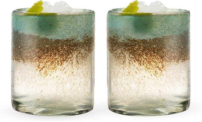 Segunda Vida Playa Bonita Hand-Blown Tumblers, Recycled Drinking Glasses, Coastal Inspired Sea Blue and Sand Design, Mexican Glassware, Decorative Drinkware for Home Bars, 10 oz, Set of 2