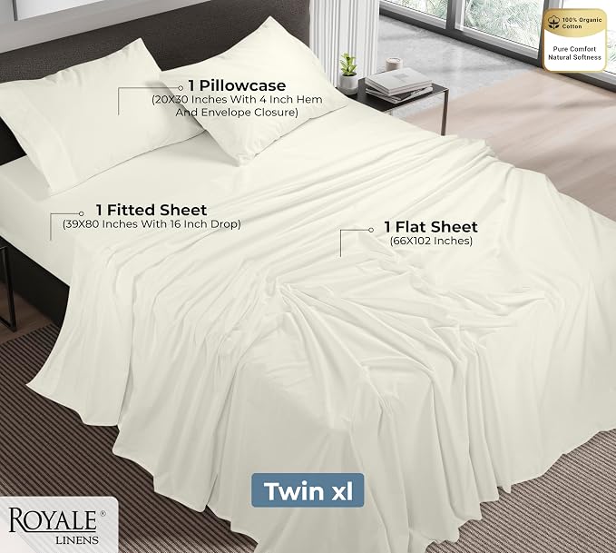 ROYALE LINENS 100% Organic Cotton Twin XL Sheet Set - Percale Weave - 3 Pieces Set - 1 Flat, 1 Deep Pocket Fitted Sheet and 1 Pillowcases - Ivory Bed Sheets - Sábanas Twin XL - Crisp Cool (Ivory)
