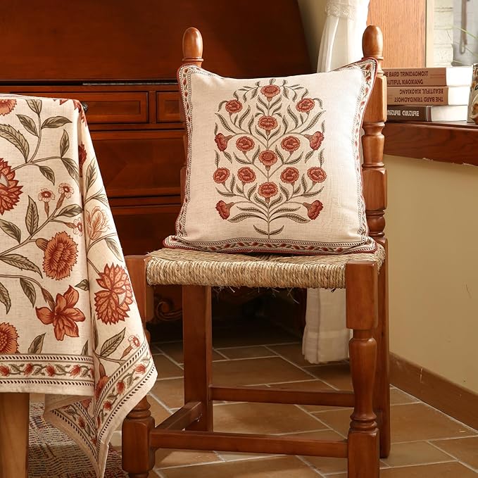 ISAENNE Design Linen Square Vintage Throw Pillow Covers 18"x18" Pack of 2, Brick Red Cushion Covers with Orange Floral Green Leaves Pattern Decoration Pillowcases for Bed,Living Room,Outdoor,Car