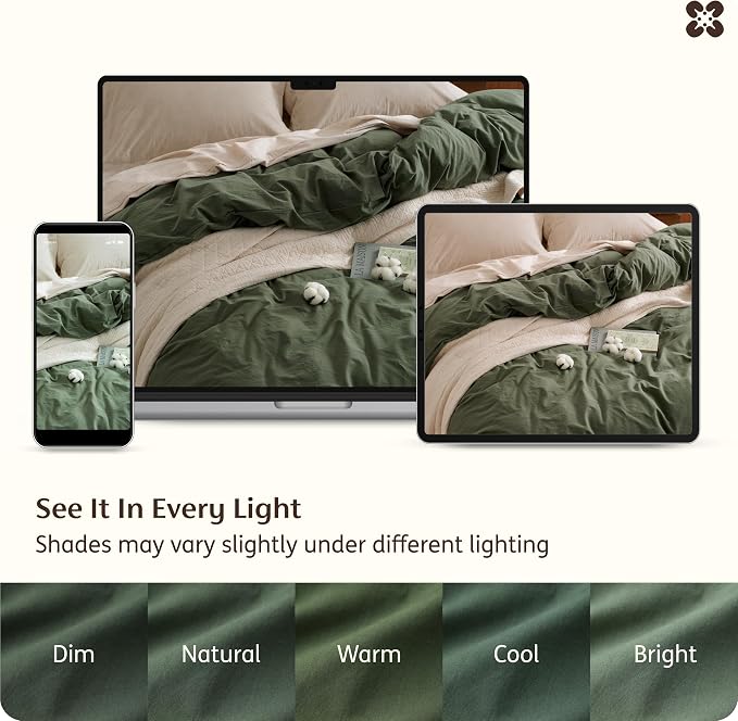 Bedsure Duvet Cover Queen Size - 100% Washed Cotton, Linen-Like Minimalist Bedding - PureWoven Plain Soft Comforter Cover for All Seasons, 1 Duvet Cover Only (Olive Green, 90" x 90")