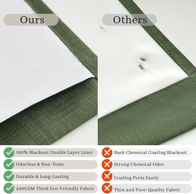 Loden Green Thick Linen Tall Bedroom Curtains 102 Inches Long 2 Panels, Memory Shape Pinch Pleated Blackout Double Layer Pivacy Soundproof Thermal Neutral Windows Curtain Room Divider 40 x 102 Inch
