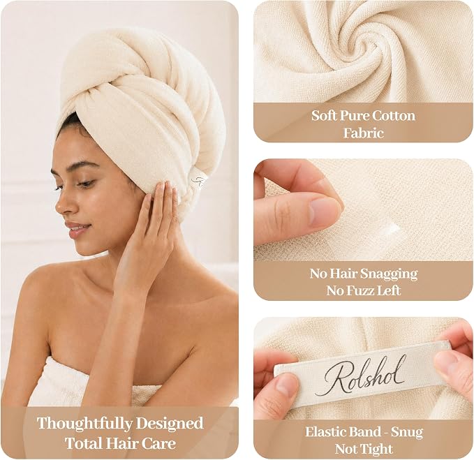 ROLSHOL Cotton Hair Towel Wrap for Women, 2 Pack 100% Cotton Hair Drying Towels for Long, Thick & Curly Hair, 32" x 11" Large Hair Turban for Wet Hair with Elastic Band (Apricot)
