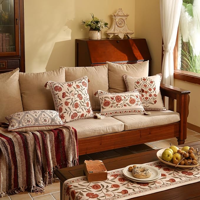 ISAENNE Design Linen Square Vintage Throw Pillow Covers 18"x18" Pack of 2, Brick Red Cushion Covers with Orange Floral Green Leaves Pattern Decoration Pillowcases for Bed,Living Room,Outdoor,Car