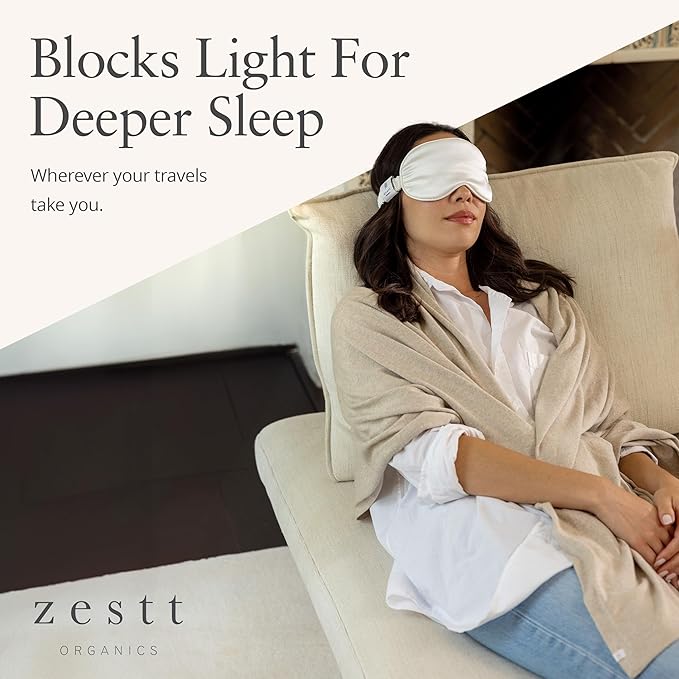 Zestt Organics Silk Sleep Mask Set, 100% Mulberry Silk Eye Mask for Women with Hair Scrunchie & Matching Carry Bag (Ivory)