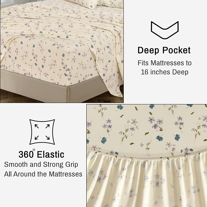 RUVANTI Flannel Sheets Split King Size - 100% Cotton Double Brushed Split King Bed Sheets Set - Deep Pockets 16 Inches - All Seasons Breathable & Extra Soft - Warm & Cozy, 5 Piece, Jasmine Stamp Cream
