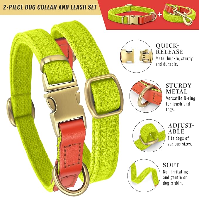 Dog Collar and Leash Set with Metal Quick Release Buckle, Adjustable, Breathable Nylon, Durable, Soft and Comfortable for Walking and Training, Fluorescent Yellow, M (12.6"-19.6")