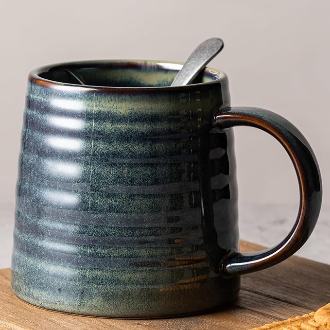15.5 Oz Large Reactive Glaze Ceramic Mug, Heavy Weighted Stoneware Coffee Cup, Wide Base, Thick Wall Big Tea Cup with Custom Package Box, Microwave & Dishwasher Safe (Dark Green)