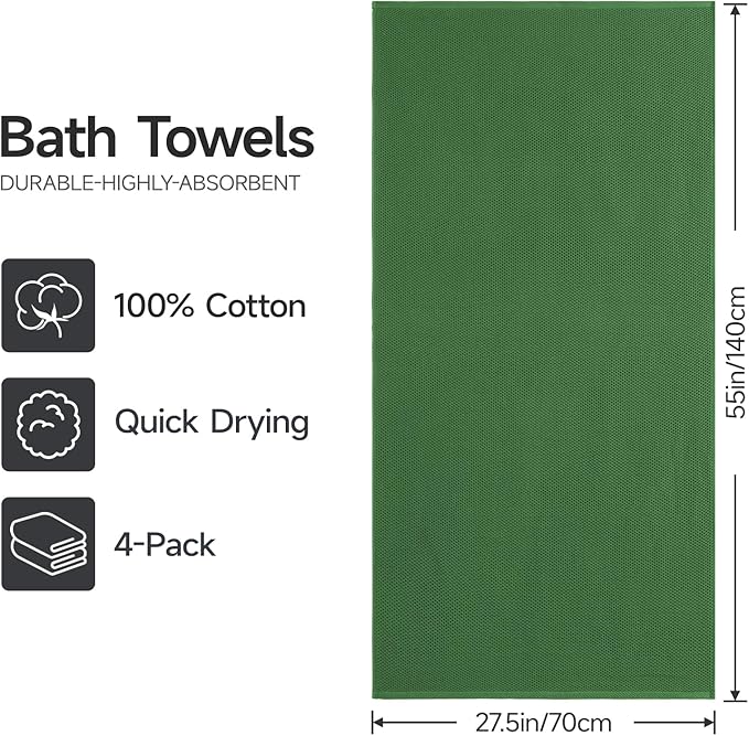 REDKISS 100% Cotton Waffle Weave Bath Towels 4 Piece - 27.5x55 Inches| Lightweight, Quick Dry & Highly Absorbent,Perfect for Spa, Gym, Travel, Guest Bathroom-Green