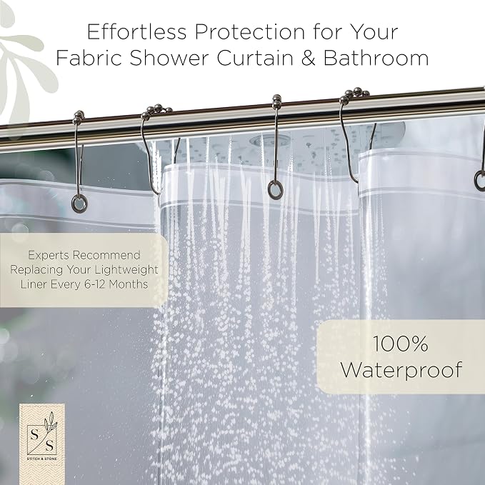 Stitch & Stone Shower Curtain Liner, Premium Heavyweight Durable Waterproof 8g PEVA for Bathroom with Weighted Magnets, Standard Size 72" x 72", Clear 1 Pack