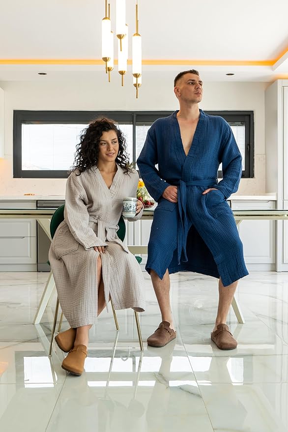 Muslin Unisex Bathrobe Women & Men, 100% Cotton Kimono Lightweight Robe | Long Robes Soft, Absorbent, Spa robes