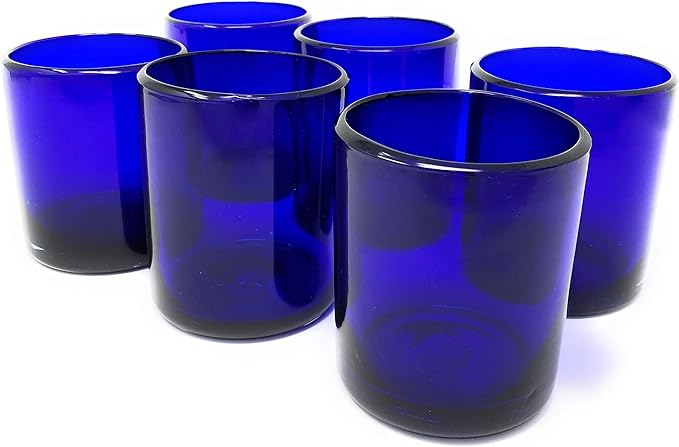 Hand Blown Mexican Drinking Glasses - Set of 6 Cobalt Tumbler Glasses (10 oz each)
