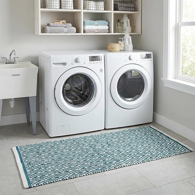 Chenille Cotton Diamond Runner Rug 2x5 Feet - Teal, Reversible Washable Soft Floor Runners Ideal for Kitchen, Hallway, Bedroom, Bathroom | Green Farmhouse Boho Indoor Use Rugs for Patio Décor